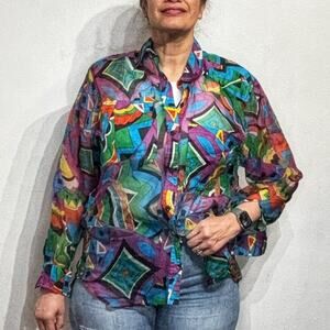 Jerri Sherman Black Abstract Silk Blend Vintage Button Down Blouse Sz 8